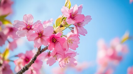 Obraz premium Pink cherry blossoms in full bloom under clear blue sky, with close - up of delicate petals and vibrant colors, creating an elegant and serene atmosphere.