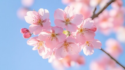 Naklejka premium Pink cherry blossoms in full bloom under clear blue sky, with close - up of delicate petals and vibrant colors, creating an elegant and serene atmosphere.
