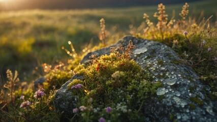 Mossy Stone with Water Droplets and Wildflowers in Golden Sunlight