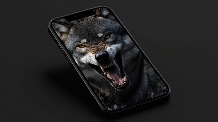 Smartphone displaying wolf, dark background, product display