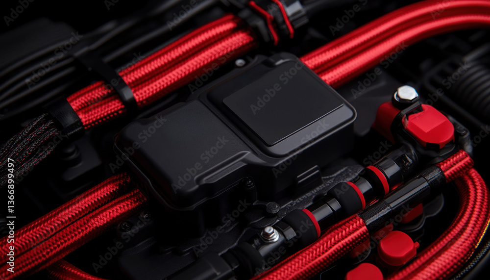 Poster red and black engine components with intricate wiring and modern design