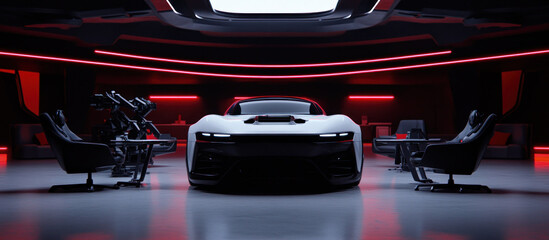 Fototapeta premium Sleek Futuristic Car in a Modern High-Tech Showroom with Ambient Lighting