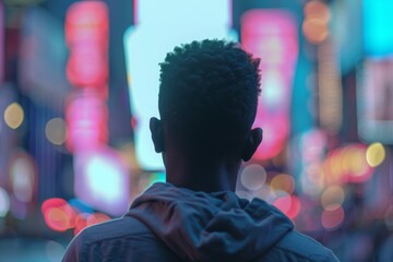 Young black man facing away from camera in blurred times square
