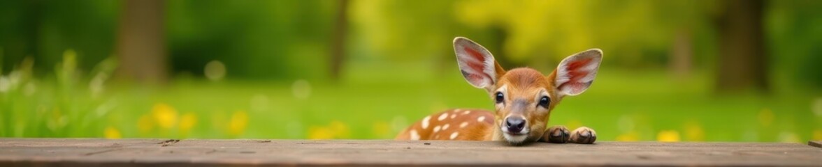 Fototapeta premium Curious fawn's head over wooden table, blurred deer resting in meadow , cute, photography