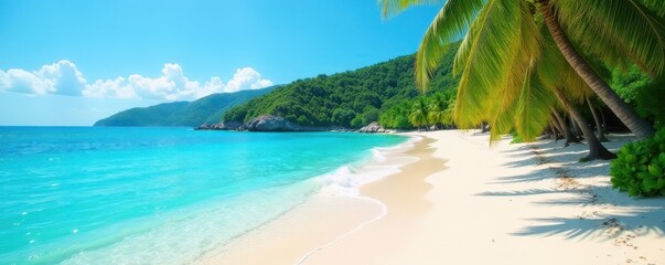 Crystal clear blue water laps sandy beach, lush palm trees bend, hilly backdrop , travel, bright