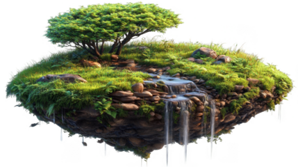Realistic Floating Island 3D Illustration With Waterfall And Greenery