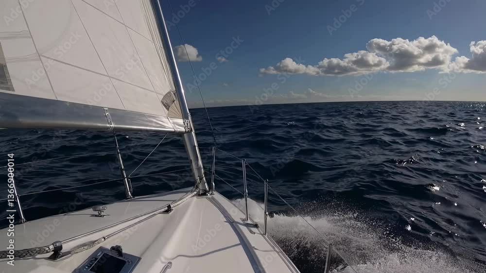 Poster video captures a dynamic low-angle view from a sailboat's deck, showcasing the vast ocean and a brig