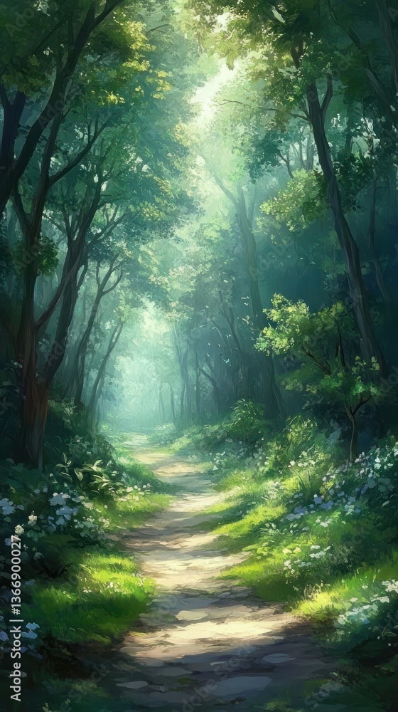 Poster forest path lit by gentle sunlight as it winds through a tranquil grove of trees. vertical.