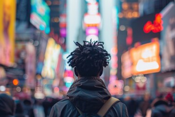 Fototapeta premium Young black man facing away from camera in blurred times square