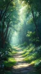 Obraz premium Forest path lit by gentle sunlight as it winds through a tranquil grove of trees. Vertical.