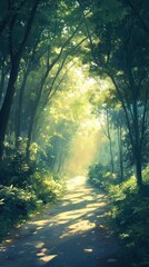 Obraz premium Sunlight filters along a forest path winding beneath tall, leafy trees. Vertical.