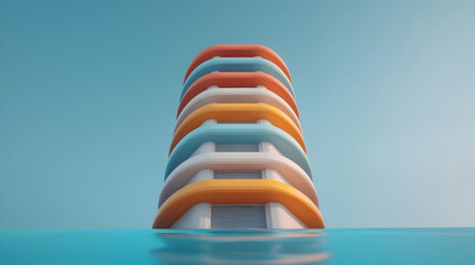 Pastel-Colored Modern Building Partially Submerged in Blue Water