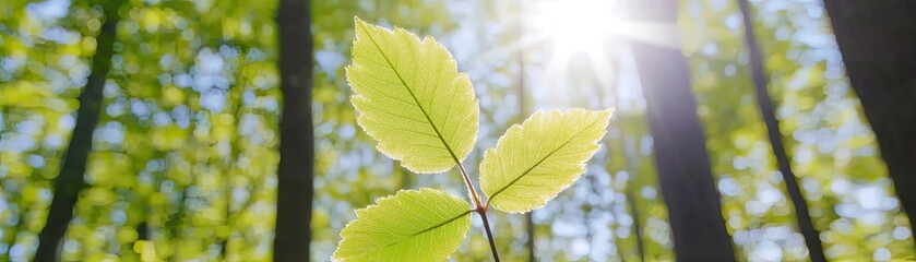 Sunlight filtering through leaves in a lush forest nature photography bright atmosphere close-up view
