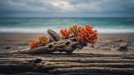 Coral on Driftwood by the Ocean shore on a Cloudy Day