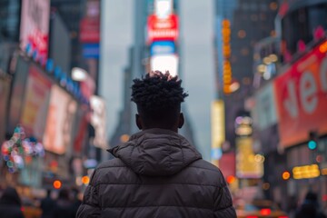 Young black man facing away from camera in blurred times square