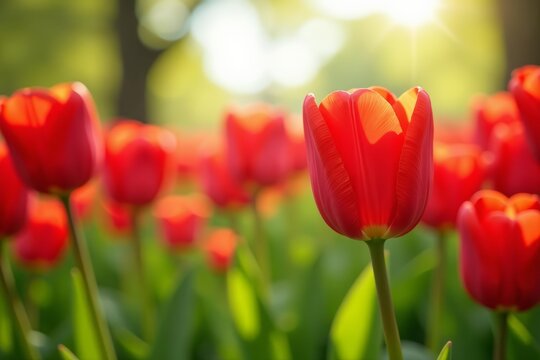Vibrant red tulips blooming in sunny spring field, nature, tulips, red