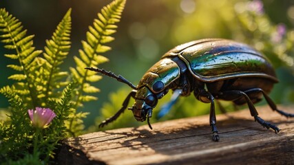 Naklejka premium Close-up of shiny beetle crawling on wood in nature setting