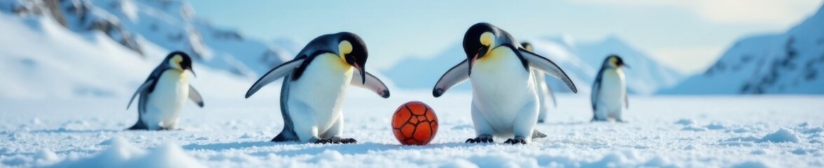 Fototapeta premium A group of penguins playing with a ball in the snow, winter sports, animal friends