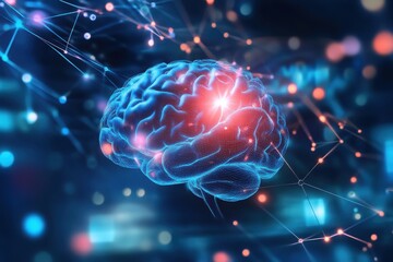 Fototapeta premium A glowing brain surrounded by interconnected nodes and lines on a blue background design concept