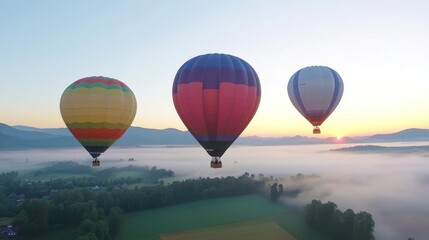 Obraz premium Colorful Hot Air Balloons Over Misty Sunrise Landscape