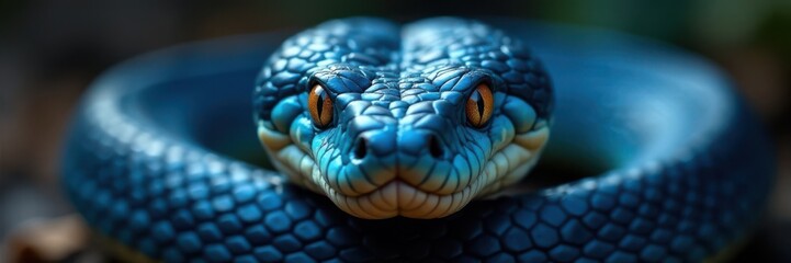 Fototapeta premium Blue viper snake's piercing stare, facial expression revealed, blue viper snake, dark background