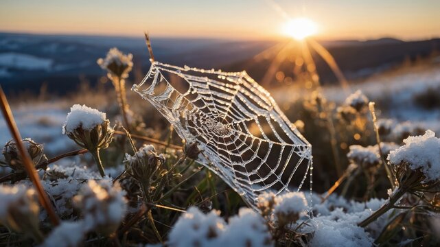 Spiderweb with frost glistens in the morning light on meadow
