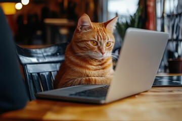 Ginger cat sitting on a chair attentively looking at a laptop screen in a blurred background scene