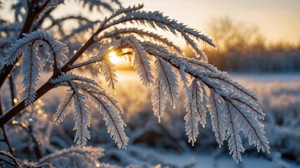 Icy Branch at Sunrise a Frozen Winter Scene in Nature