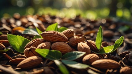 Obraz premium Almonds Closeup with Green Leaves in Natural Sunlight Setting