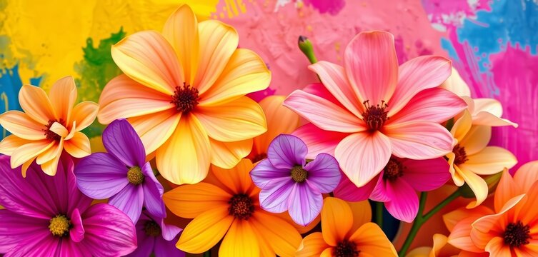 Vibrant pastel flowers painted on colorful background, ample copy space, floral, bloom