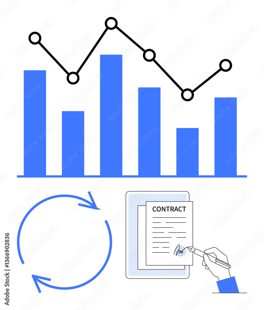 Aufkleber bar chart with line graph analysis, circular arrows implying workflow or process, signing a contract