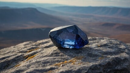 Blue Crystal Resting on Rock with Mountain Landscape Scenery
