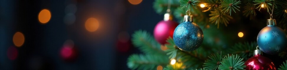 Fototapeta premium Christmas Tree with colorful ornaments and lights on the branches, festive, winter, bells