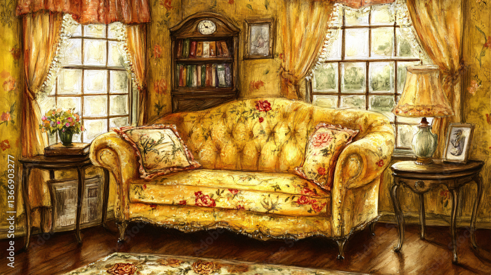 Aufkleber ambient textures create a cozy atmosphere in a living room with a couch and table under soft lightin