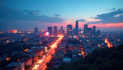 Fototapeta premium cityscape at dusk blurred lights abstract circular bokeh on blue background, urban landscape, cityscape, bokeh