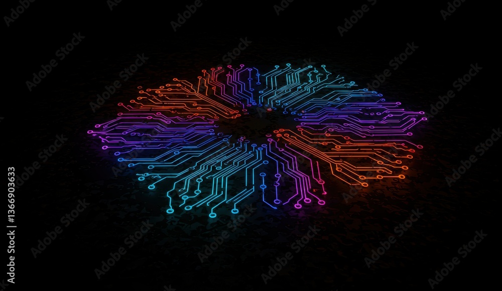 Poster abstract digital circuit design with neon colors on dark background. represents innovation and techn