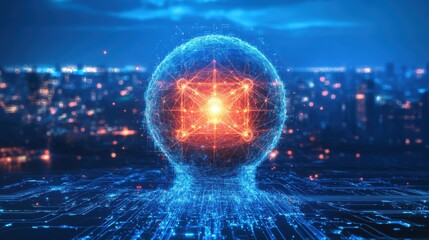 Glowing Sphere Network Over Cityscape Connecting Data and Technology