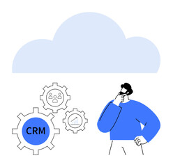 Person analyzing cloud and CRM gears with data and people icons. Ideal for business, analytics, software, strategy, decision-making, technology, innovation. Flat simple metaphor