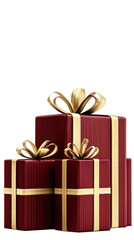 Three Stacked Red Gifts with Gold Ribbons Isolated on Transparent Background