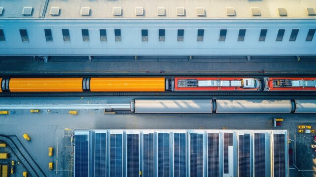 Aerial View of Trains at Depot with Solar Panels Powering Them
