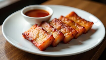 Golden-brown crispy pork belly slices arranged on a pristine white plate, alongside a small bowl of rich dipping sauce , gastronomy, white plate