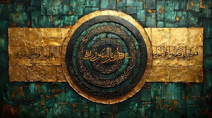 Islamic calligraphy artwork on textured gold and green background