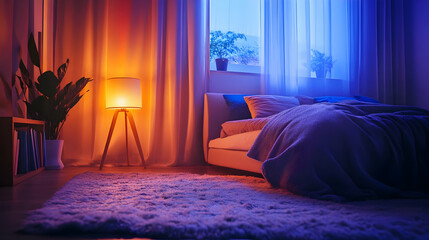 Cozy Bedroom Interior with Warm Lighting a Bed Plants and Fluffy Carpet in a Modern Home Design