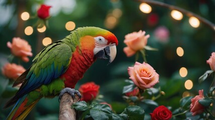 Obraz premium Colorful Parrot Perched Among Roses with Warm Bokeh Lights Background