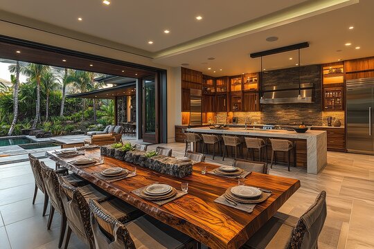 Fototapeta Hawaiian-style dining room with modern kitchen, wooden table, chairs, stone accents, and warm lighting in earthy tones.