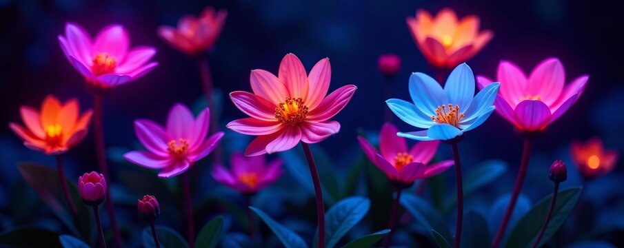 Vibrant neon flowers illuminated by UV light against dark background, background, colorful, lit
