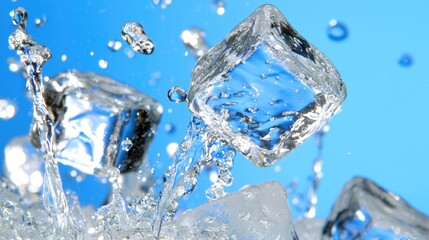 Splashing ice cubes clear water still life photography indoor close-up refreshing beverage concept