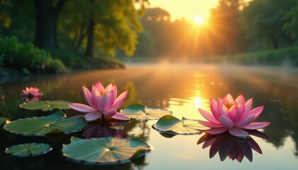 Golden sunrise paints water lilies, tranquil lake , sky, water