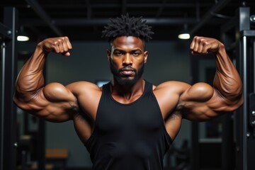 Muscular black man flexing biceps in gym, showing strong arms and athletic physique, powerful bodybuilding and fitness motivation concept with confident expression