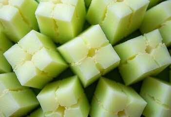 Melon Cube Pattern Perfection: A Hyperrealistic Close-Up Emphasizing Depth of Field, Sharpness of Detail, and the Irresistible Juicy Appeal - Perfect for Food Art.

